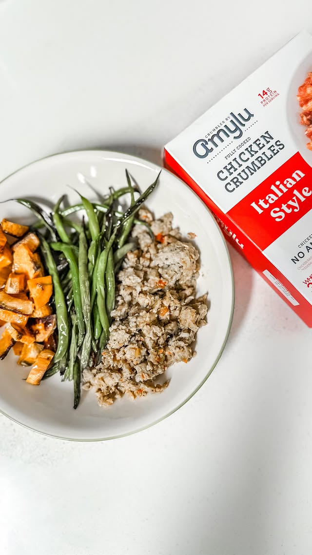 Instagram post by @itsbrookehall for Amylu Foods. Caption reads: [...] protein packed dinners, and @amylufoods....