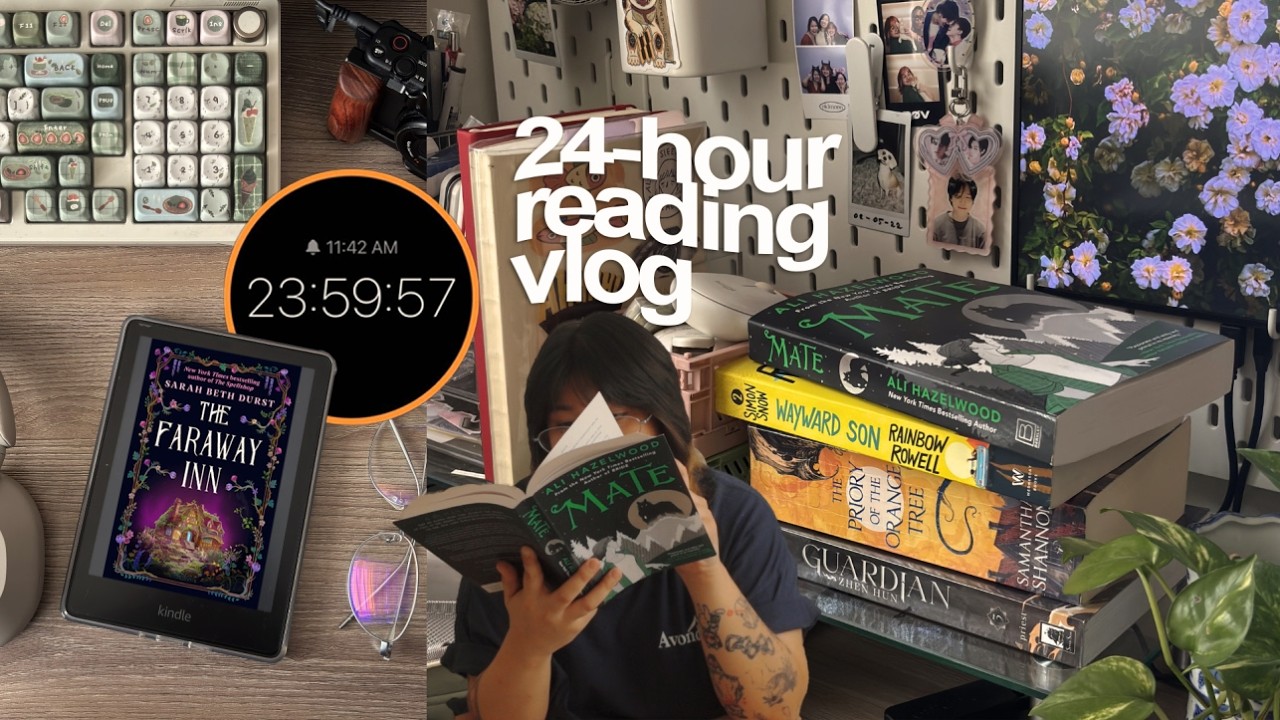 YouTube post by @peachapplebi for – Stationery Pal. Caption reads: how many books can i read in 24 hours 💫 24-hour....
