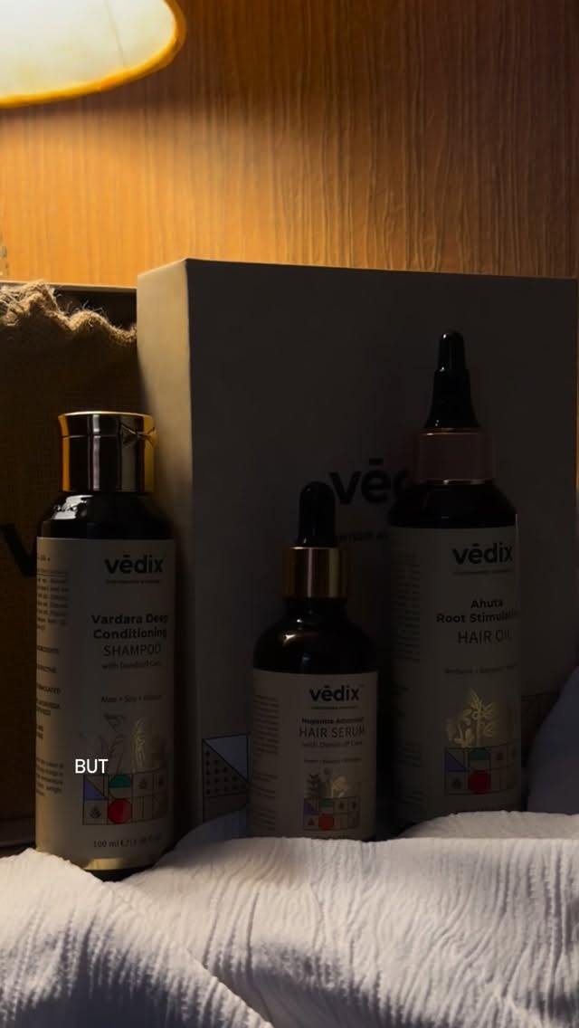 Instagram post by @anushkavatss for SkinKraft. Caption reads: Unlock the magic of Ayurveda with Vedix! Your hair....