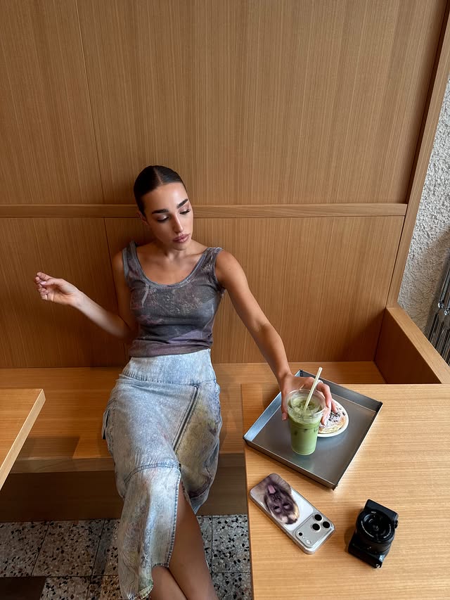 Instagram post by @ginevramavilla for Desigual. Caption reads: last matcha date before vacay 🍵💋 // @desigual....