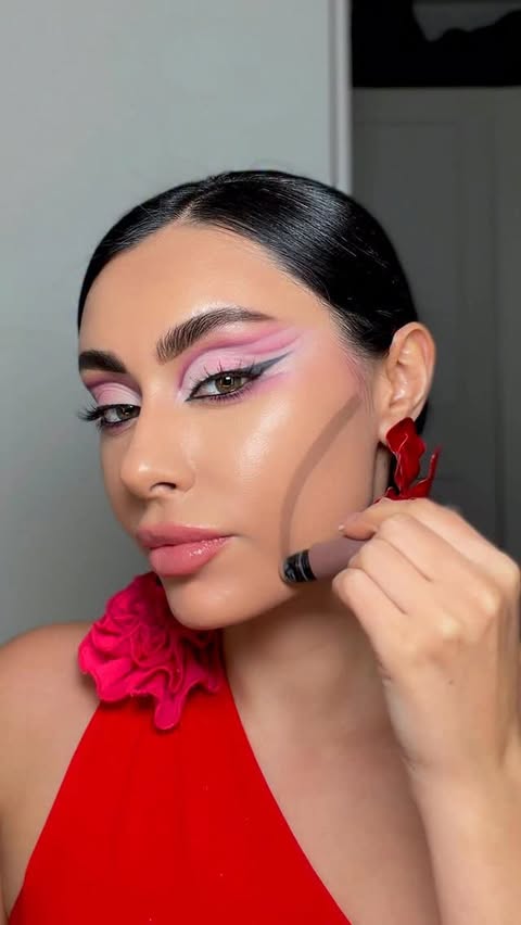 Instagram post by @atosaagha for Haus Labs. Caption reads: Bella hadid contour makeup hack ✨ This hack makes....