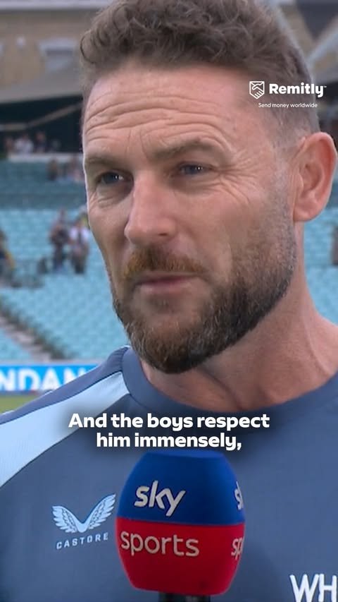 Instagram post by @skysportscricket for Remitly. Caption reads: Brendon McCullum full of praise for "brilliant"....