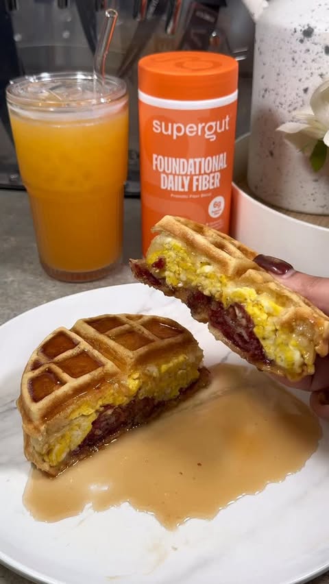 Instagram post by @cookwithnidi for Supergut. Caption reads: [...] STUFFED waffle 🤤 + his daily fiber....