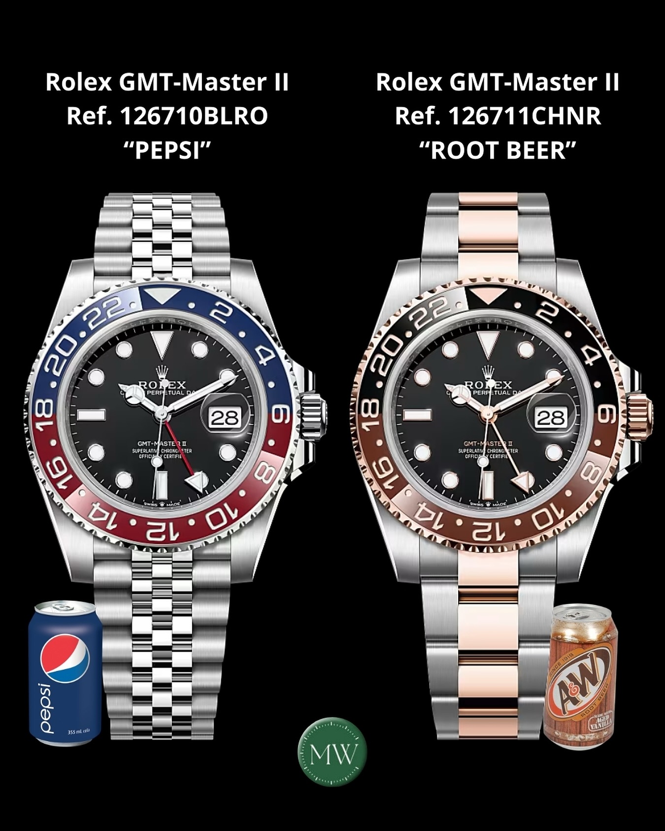 Instagram post by @therolexchrono for MONDANIWEB. Caption reads: GMT-Master: Pepsi or RootBeer 🤔? 👇
•
Choose at....