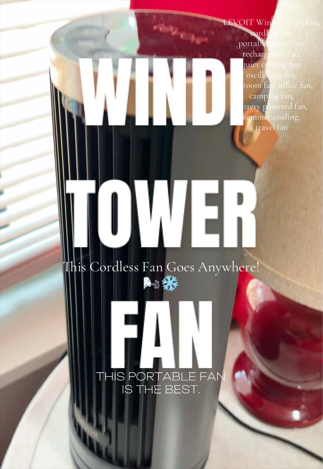 TikTok post by an influencer for Levoit. Caption reads: LEVOIT 2026 Windi Tower Fan with a [...].