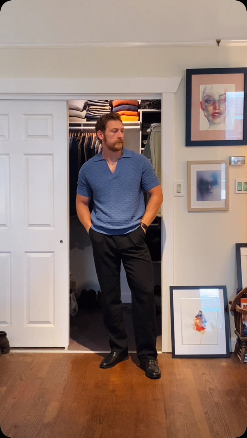 Instagram post by @joshuakully for RW&CO.. Caption reads: Simple fit. New @rw_co shirt. Slacks and loafers.....