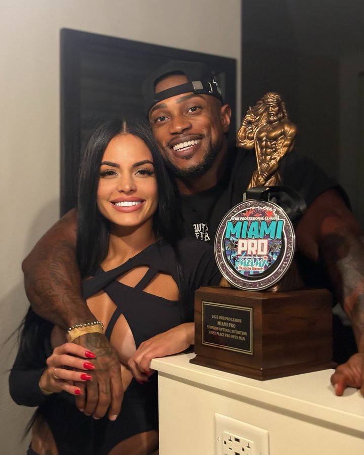 Instagram post by @brandon.d.hendrickson for Megafit Meals. Caption reads: Grateful 🌴 2025 Miami Pro Men’s Physique Champion....