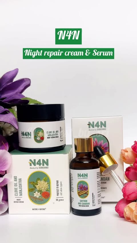 Instagram post by @laasya_diaries_ for Nature4Nature Beauty. Caption reads: ✨Overnight repair cream & serum✨ Contains Clove....