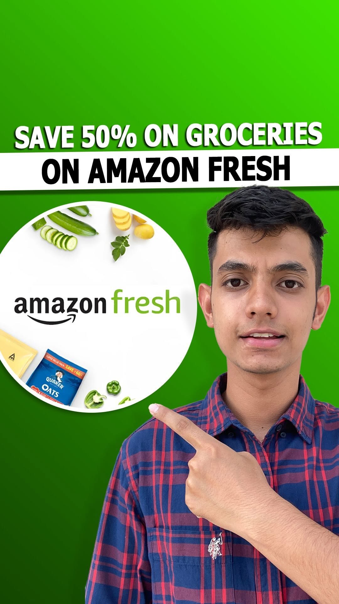 Instagram post by @divyanshu.jain for Amazon Fresh. Caption reads: Every month, you can save up to 50% on groceries....