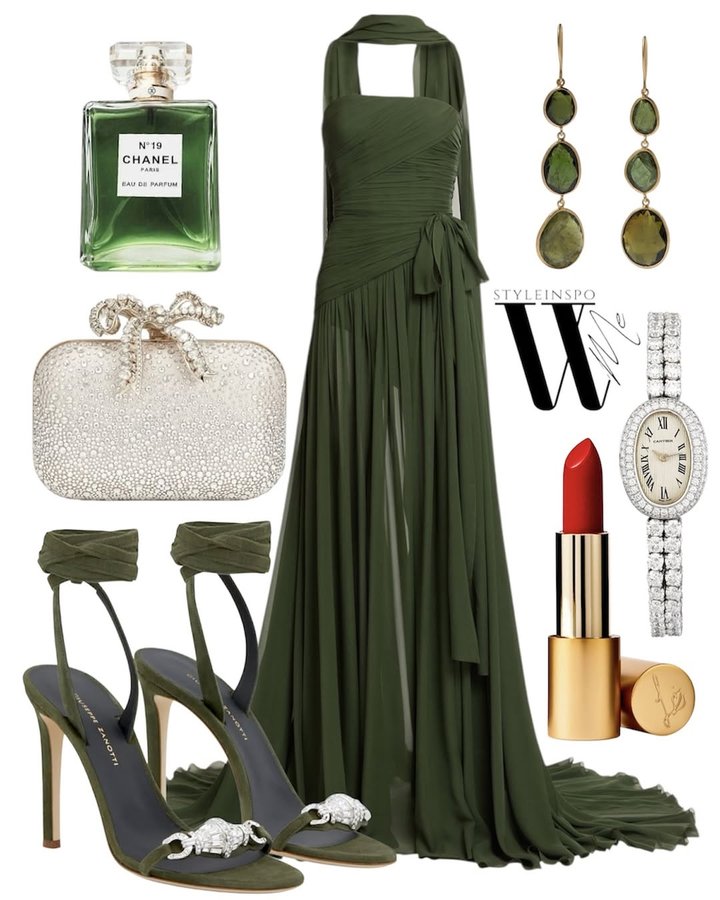 Instagram post by @styleinspo_wme for ELIE SAAB. Caption reads: 💚✨🌹🥂🌟📣 @eliesaabworld @giuseppezanotti....