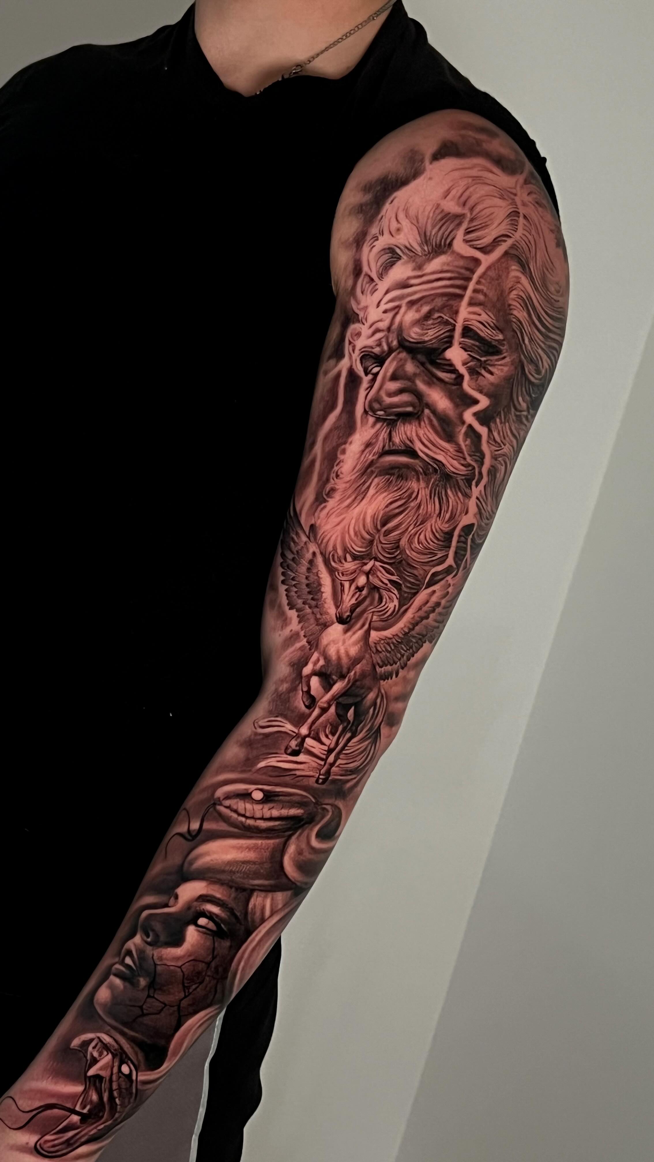 Instagram post by @perciastattoo for EZ Tattoo Supply. Caption reads: Greek mythology sleeve 

Done at....