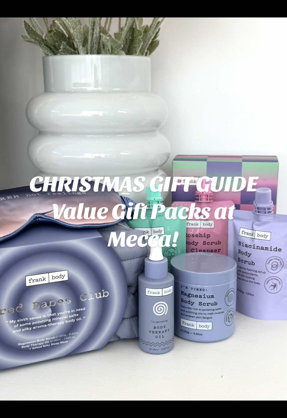 TikTok post by @karaahansen for Frank Body. Caption reads: Christmas Gift Guide 💙 @frank body gift packs to....