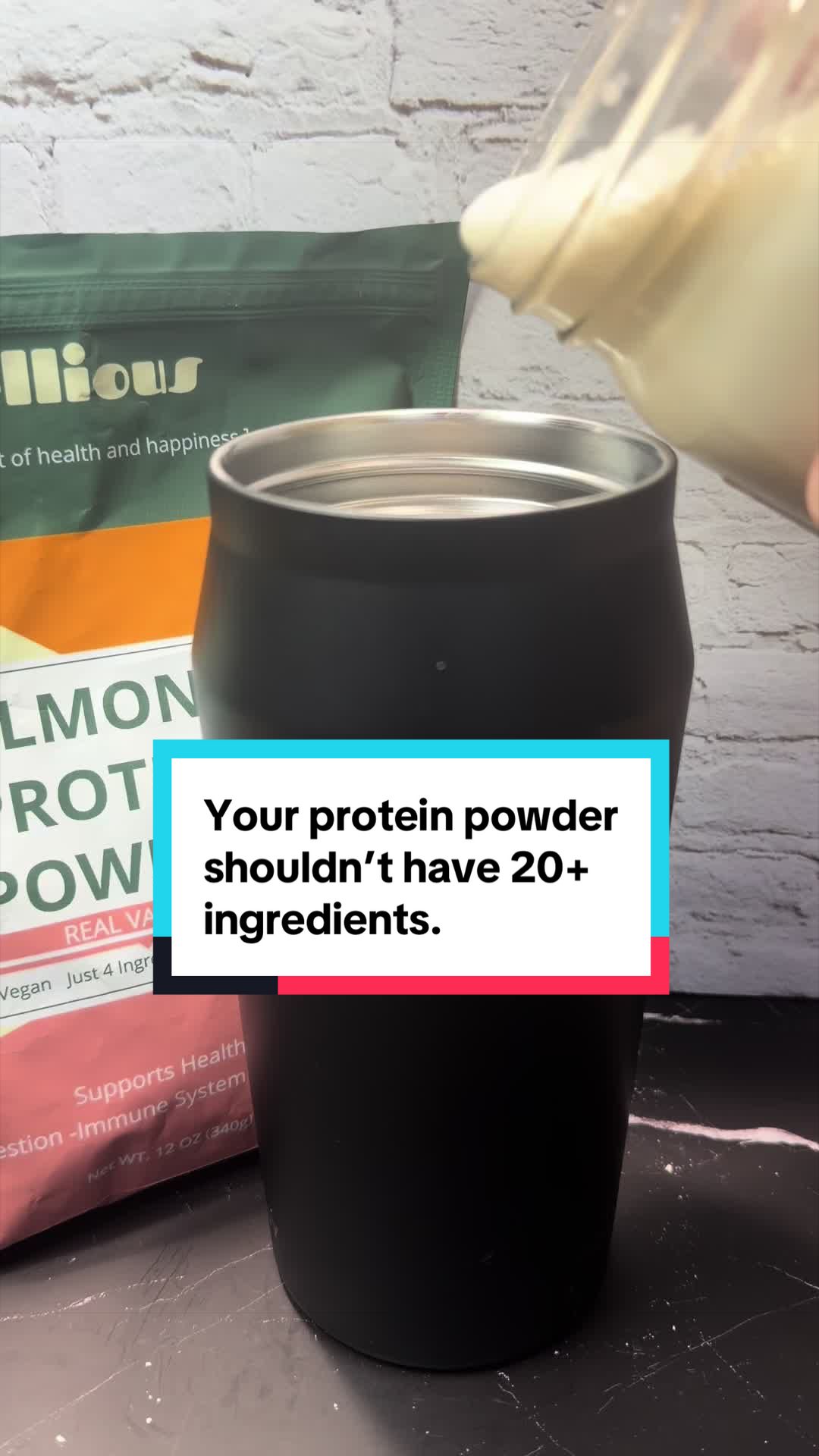 TikTok post by @omnimomjordan for Wellious. Caption reads: @Wellious has an amazing protein powder that [...].