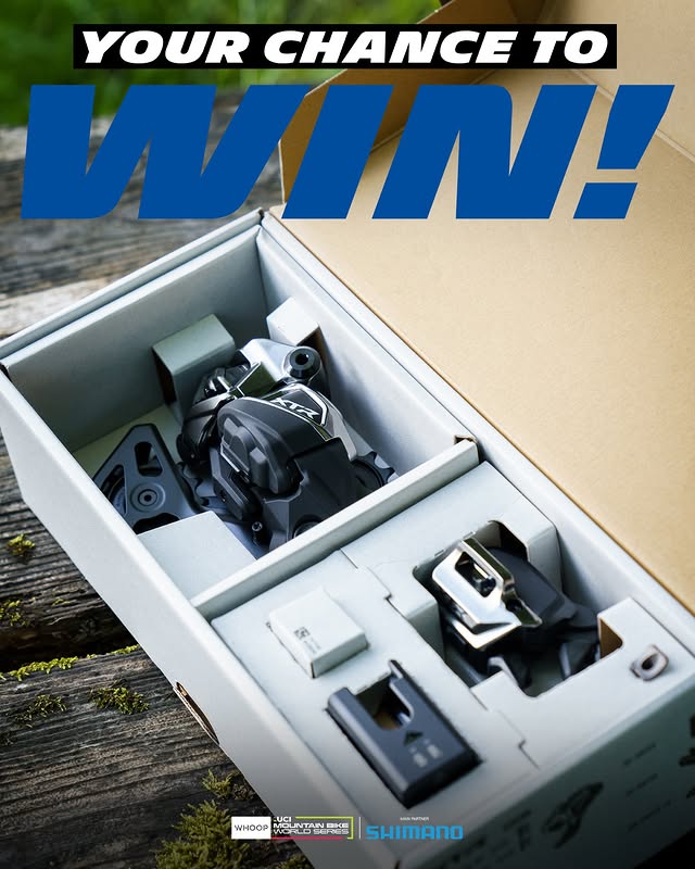 Instagram post by @uci_mtbworldseries for Shimano. Caption reads: 🚨 GIVEAWAY 🚨 WIN the all-new SHIMANO XTR M9250....