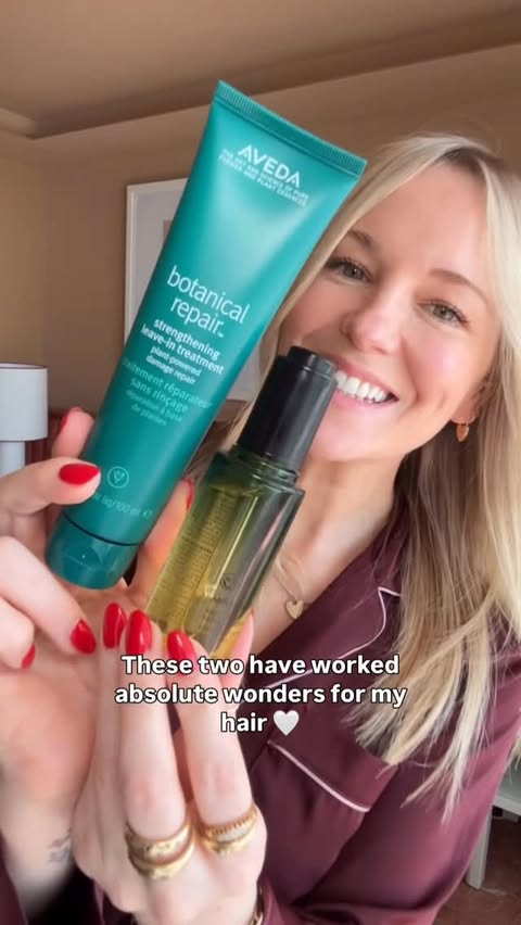 Instagram post by @cherwebbmakeup for Aveda. Caption reads: Ad My go-to duo for shiny, strong hair by @avedauk....