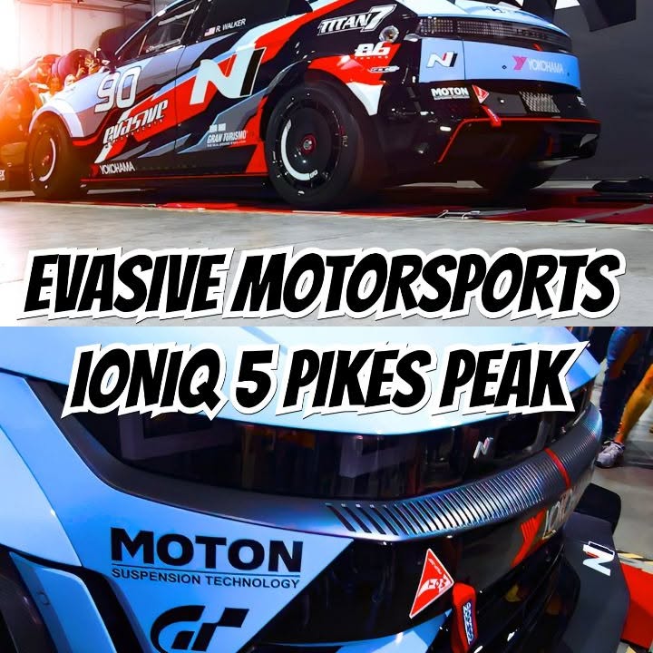 Instagram post by @omgbuilds for Hyundai USA. Caption reads: @evasivemotorsports Ioniq 5N Pikes Peak! 🇰🇷 |....
