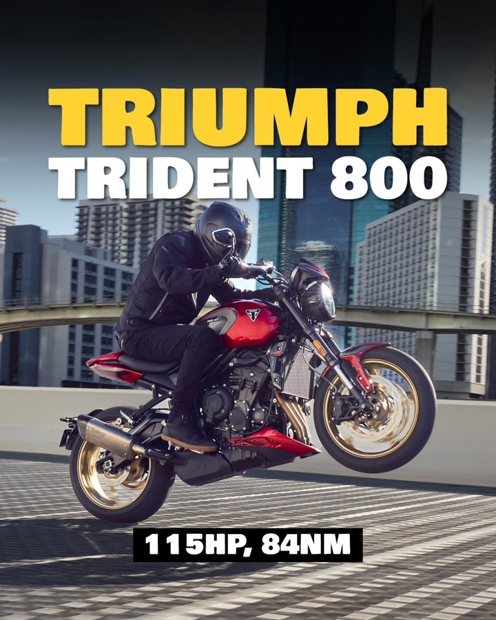Instagram post by @powerdrift for Triumph Motorcycles. Caption reads: The Trident has grown a little! At one point in....
