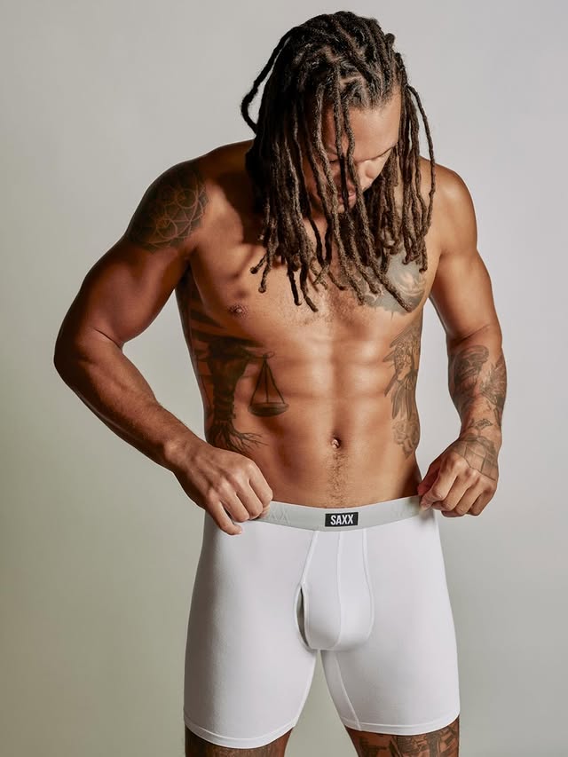 Instagram post by @aarongordon for SAXX Underwear. Caption reads: Everyday essentials @saxxunderwear.