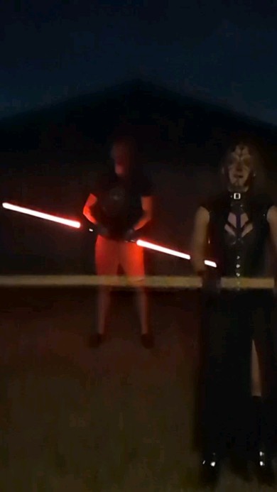 Instagram post by @the.rebecca.rose for SabersPro. Caption reads: [...] 🤣 Enjoy some bloopers from my recent....