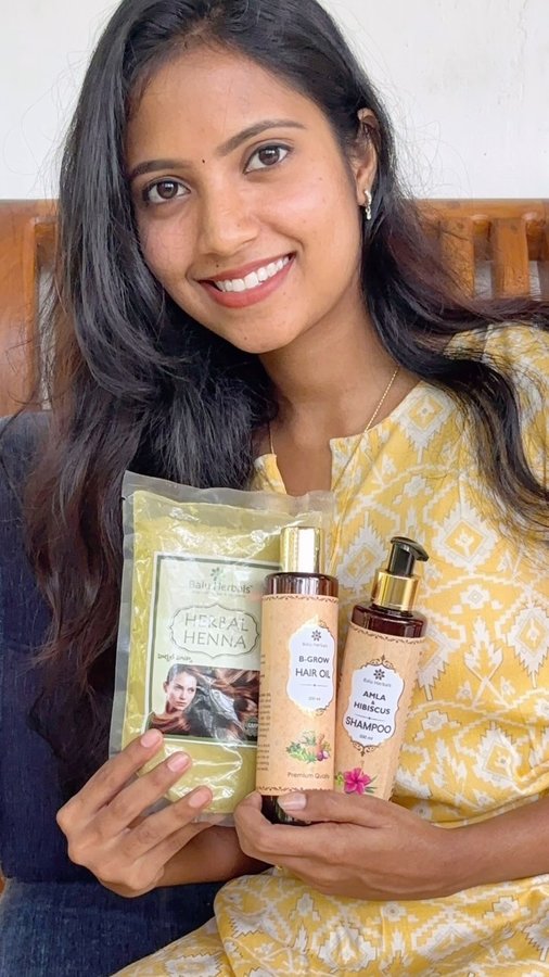 Instagram post by @kar_thikaanil for Balu Herbals. Caption reads: @baluherbals B-grow hair oil , ayurvedic, [...].