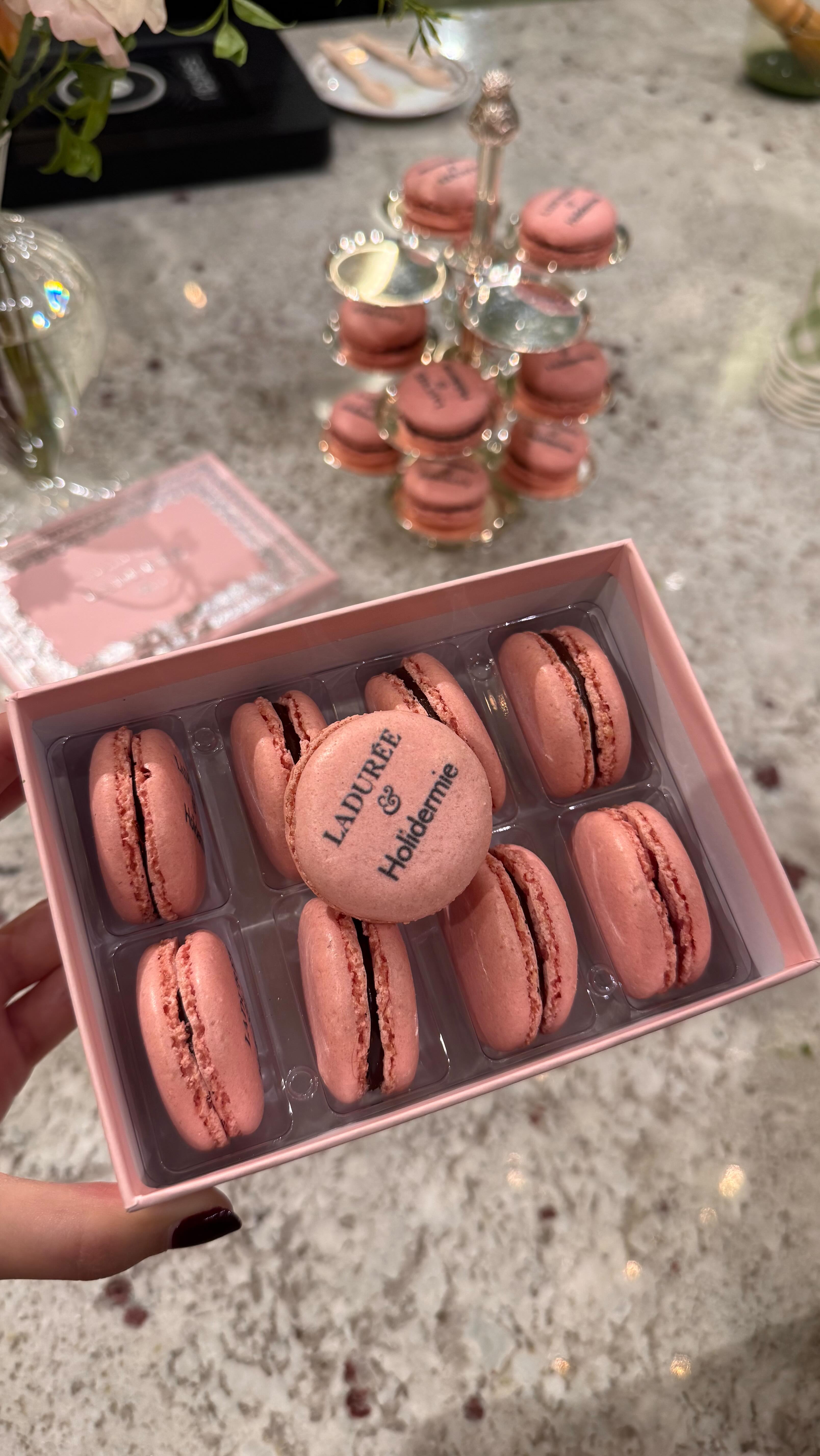 Instagram post by @ellevousguide for LADUREE PARIS OFFICIEL. Caption reads: can 2 collagen macarons be my new daily skincare....