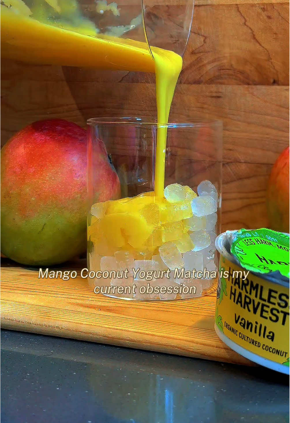 TikTok post by @cylovesfrogs for Harmless Harvest. Caption reads: This Mango Coconut Yogurt Matcha has been my....