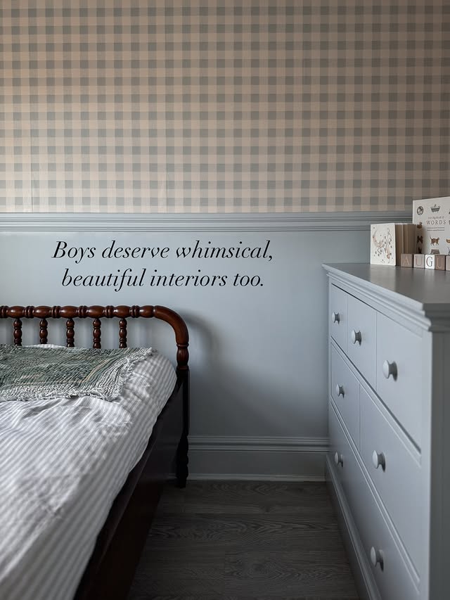 Instagram post by @lifeatsophs for Sandberg Wallpaper. Caption reads: Boys deserve whimsical, beautiful interiors....
