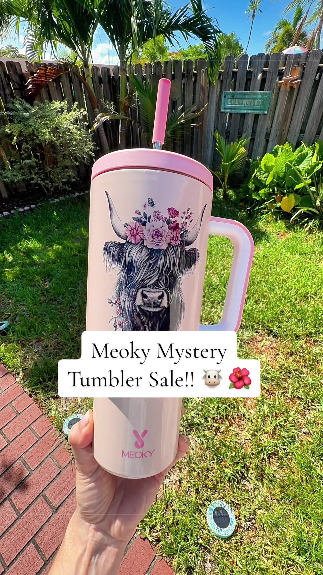 TikTok post by @rosevettedfinds for Meoky Cup. Caption reads: [...] design… but THIS one? 🌸🐮💗 #meoky....