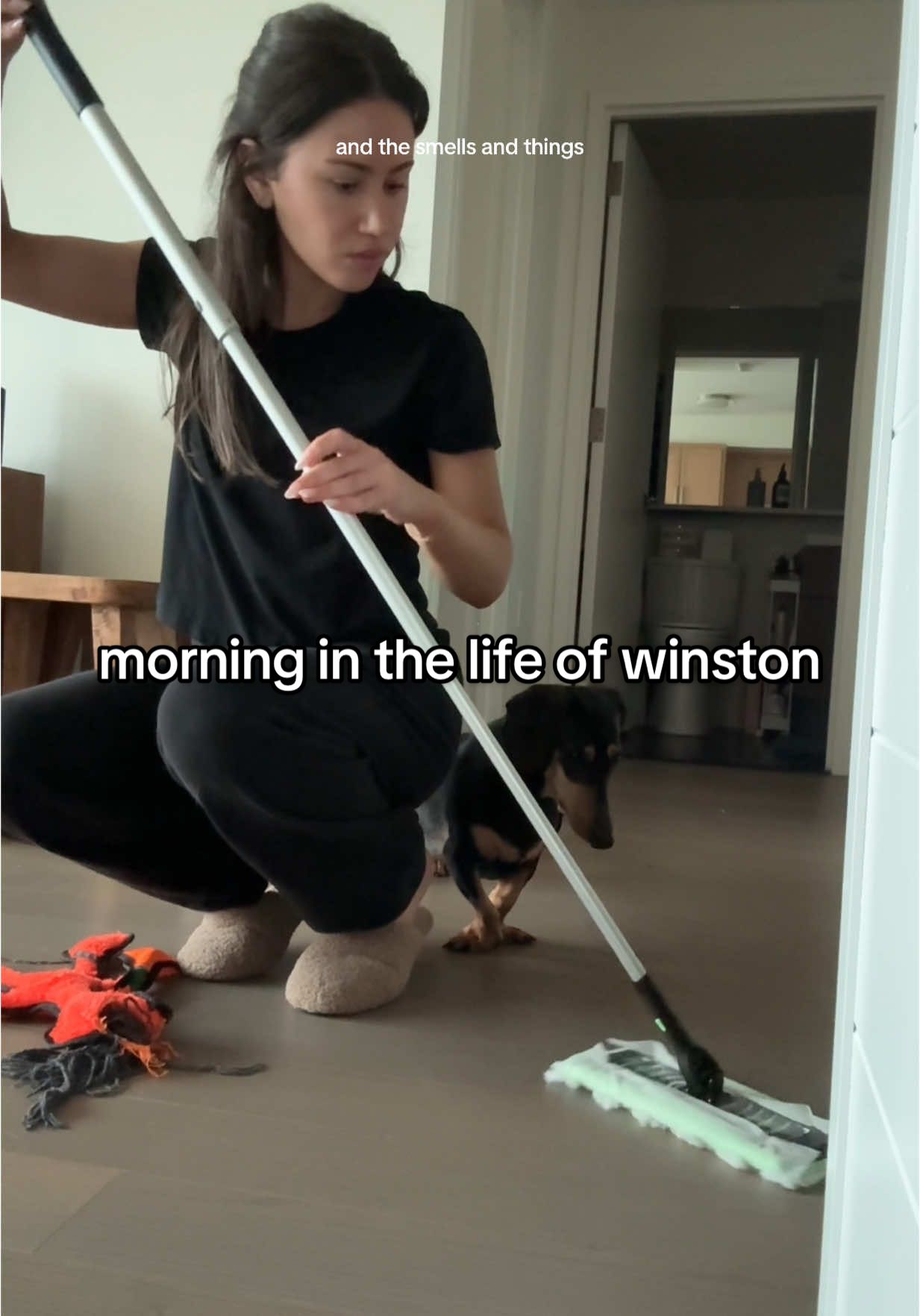 TikTok post by @carlyrivlin for Swiffer. Caption reads: #SwifferPartner #Ad A morning in the life of....