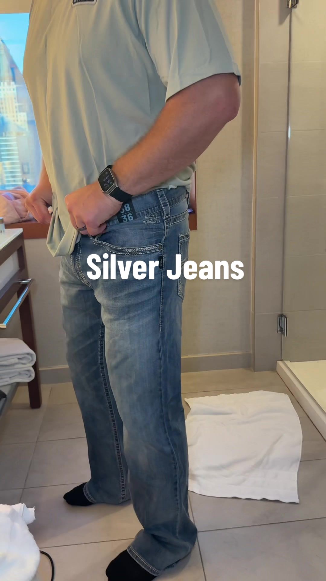 TikTok post by @lymonline for QVC. Caption reads: #mensfashion #silverjeans #qvc....
