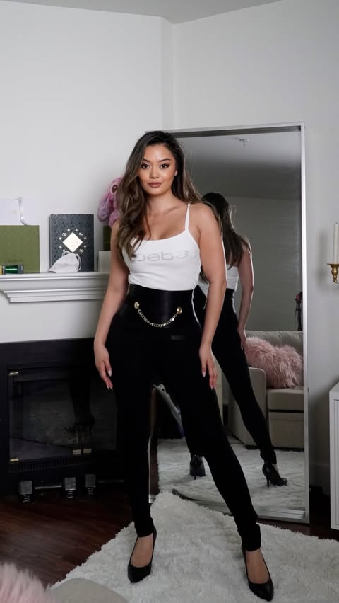 Instagram post by @missraquelbasco for bebe. Caption reads: How to style my @bebe basics ✨ #ad Working in the....