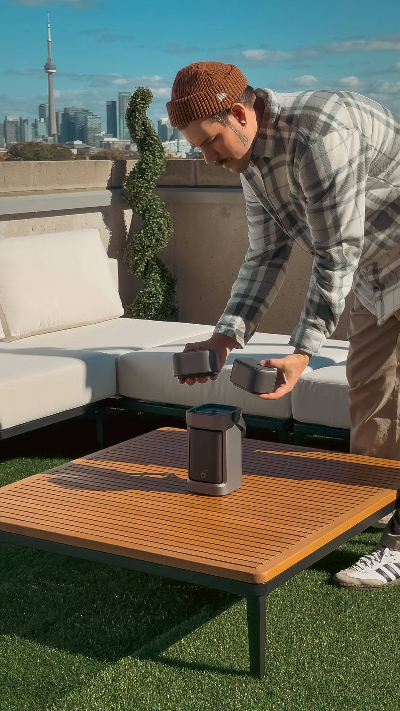 Instagram post by @homewithcolin for NEBULA. Caption reads: [...] with detachable speakers?! 👀

The Nebula P1....