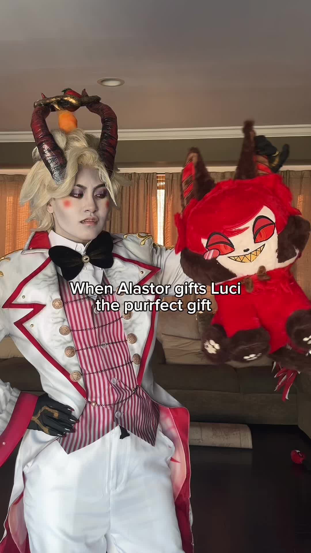 TikTok post by @toxiekat for Plushshop. Caption reads: [...] #hazbinhotelalastor #cosplay #plushshop....