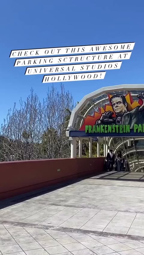 Instagram post by @unimonsters for Universal Studios Hollywood. Caption reads: The perfect parking spot for Frankenstein Friday!....