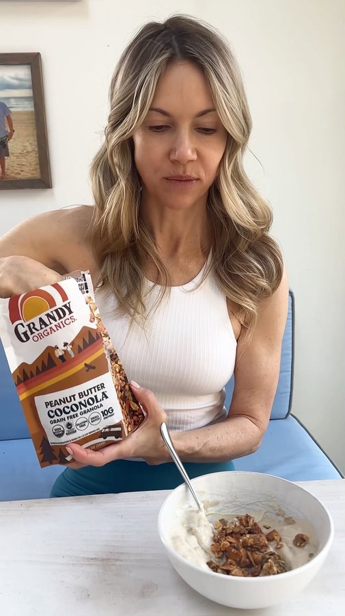 Instagram post by @kristinmcgee for Grandy Organics. Caption reads: 2 of my favorite TREATS: breakfast and yoga! I....