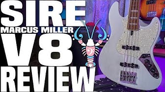 YouTube post by @LowEndLobster for SIT Strings. Caption reads: Sire V8 Review - The Marcus Miller Jazz Bass with....