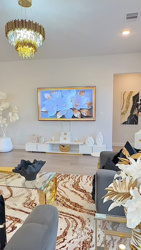 Instagram post by @kikis_interiors for Homary. Caption reads: [...] glam elegance ✨ This TV stand from....