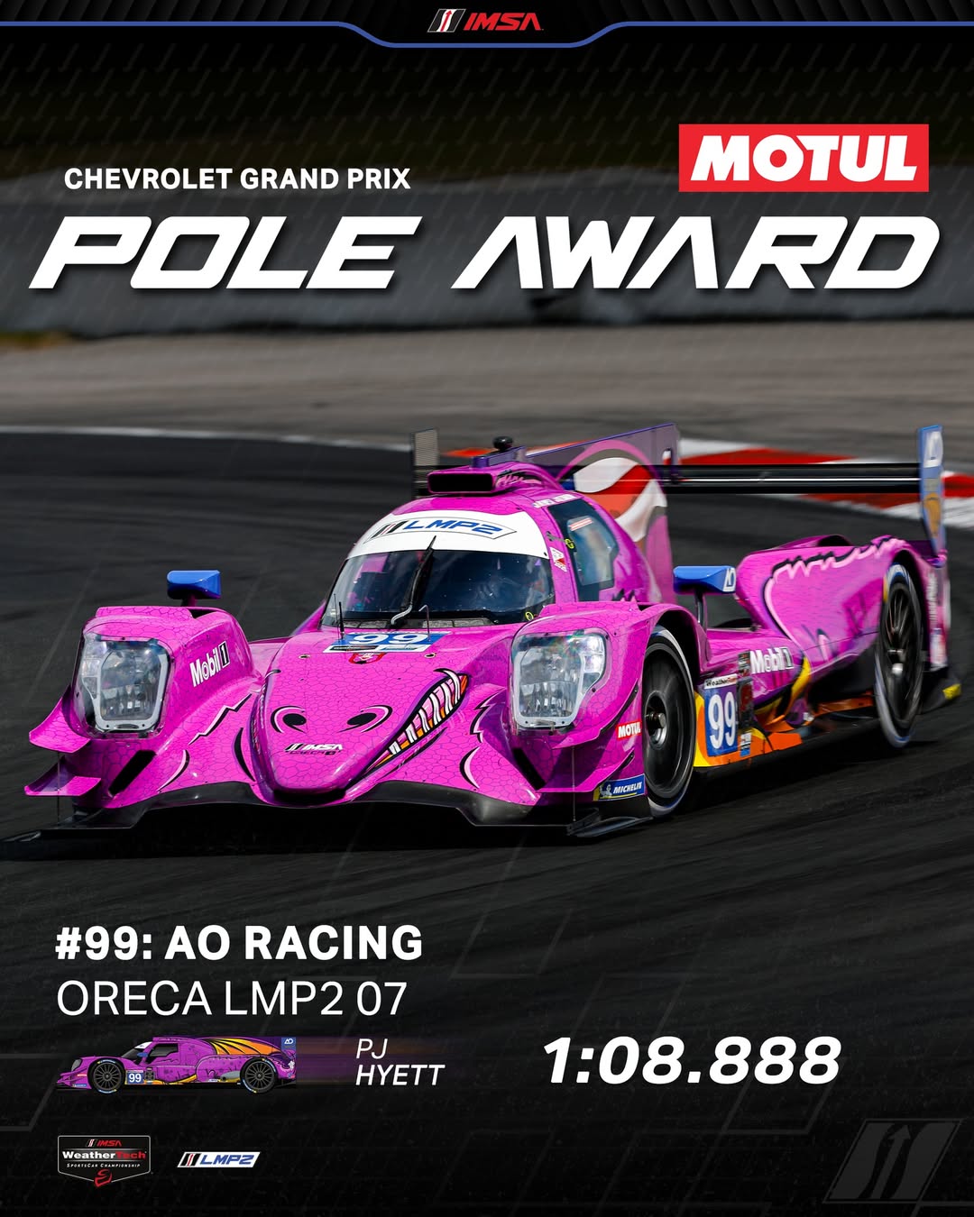 Instagram post by @imsa_racing for Michelin. Caption reads: Congratulations to your MOTUL Pole Award Winners....