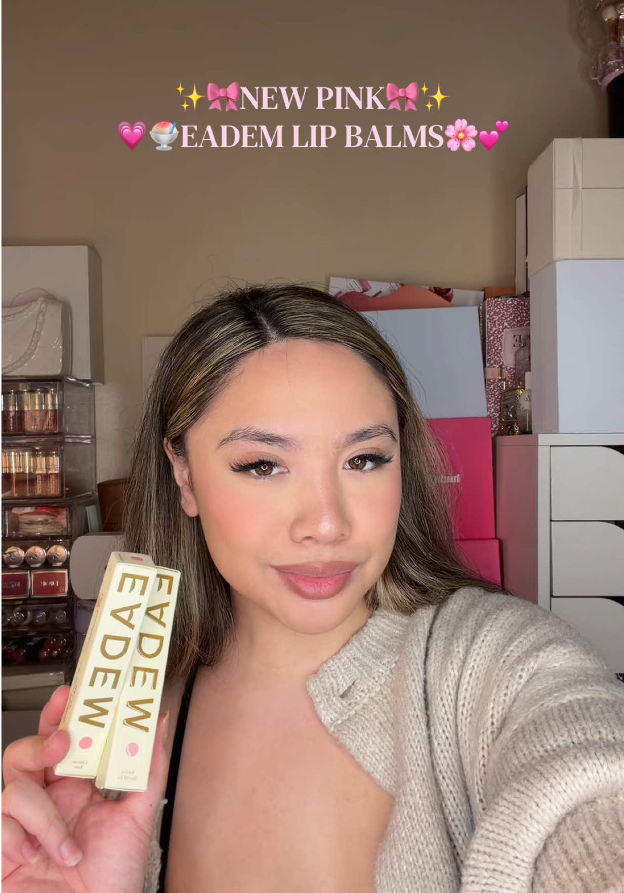 TikTok post by @nicoleeallisong for Eadem. Caption reads: 🎀🌸🍧💗My new FAVORITE pink lip balms!! @EADEM....
