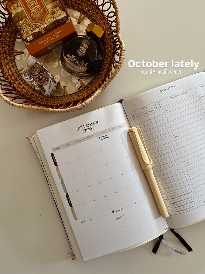 Instagram post by @mya5corner for Ferris Wheel Press. Caption reads: October bits from the view of my journals (and....