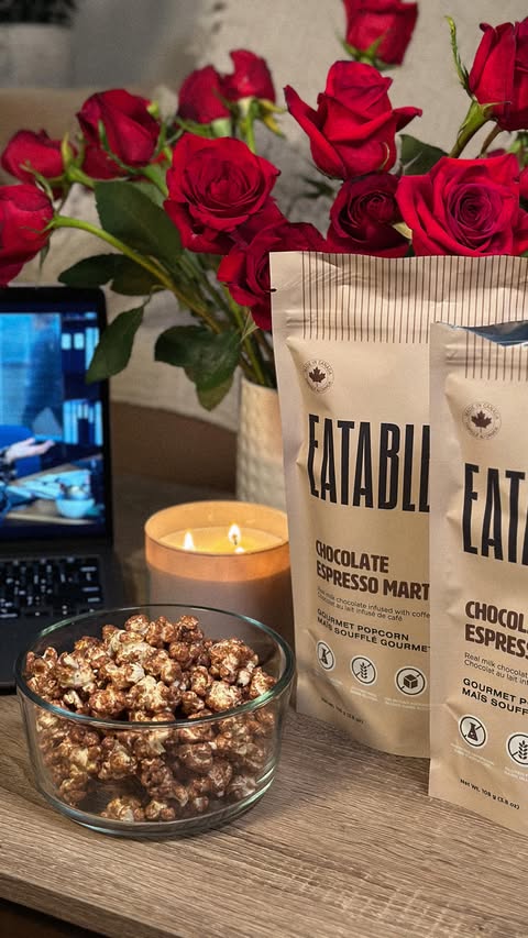 Instagram post by @julia.rznk for EATABLE. Caption reads: Upgrade your snack game 🍿✨ @eatableinc Espresso....