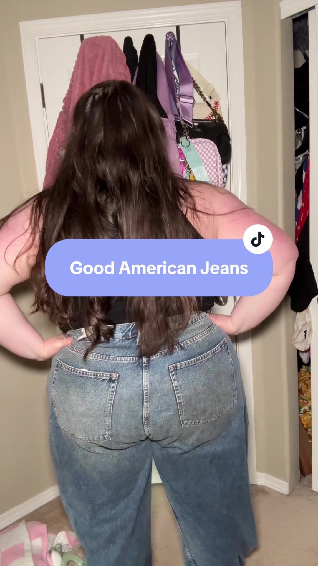 TikTok post by @thereallaurengiakas for GOOD AMERICAN. Caption reads: [...] with these jeans @Khloé Kardashian @GOOD....