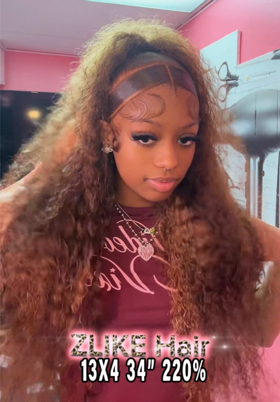 TikTok post by @heluvsshaee for Zlike Hair. Caption reads: [...] 👩🏽‍🍳 34” inches, 220% density. @Zlike....
