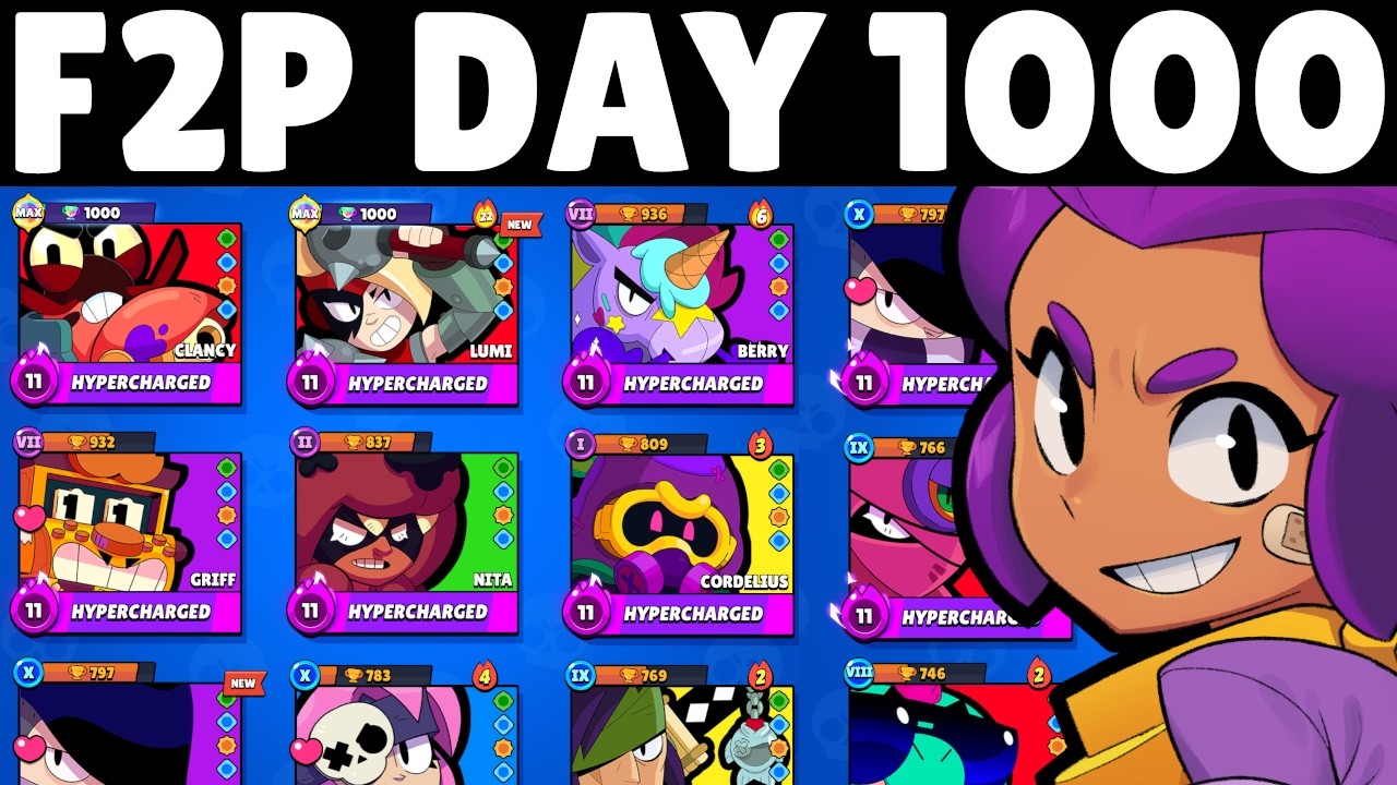 YouTube post by @KairosGaming for Supercell. Caption reads: I played "Free to Play" Brawl Stars for 1000 days!....