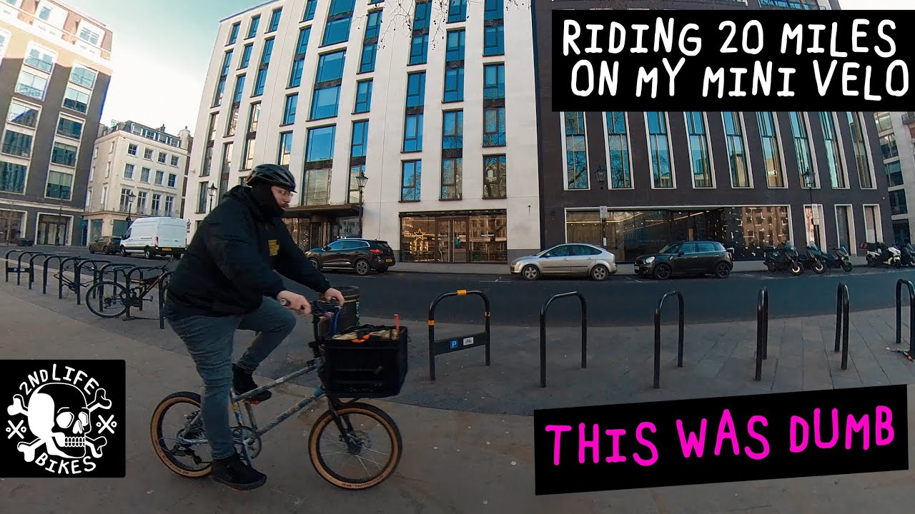 YouTube post by @2NDLIFEBIKES for Hiplok. Caption reads: Riding 20 miles on my Mini Velo Cargo Bike.