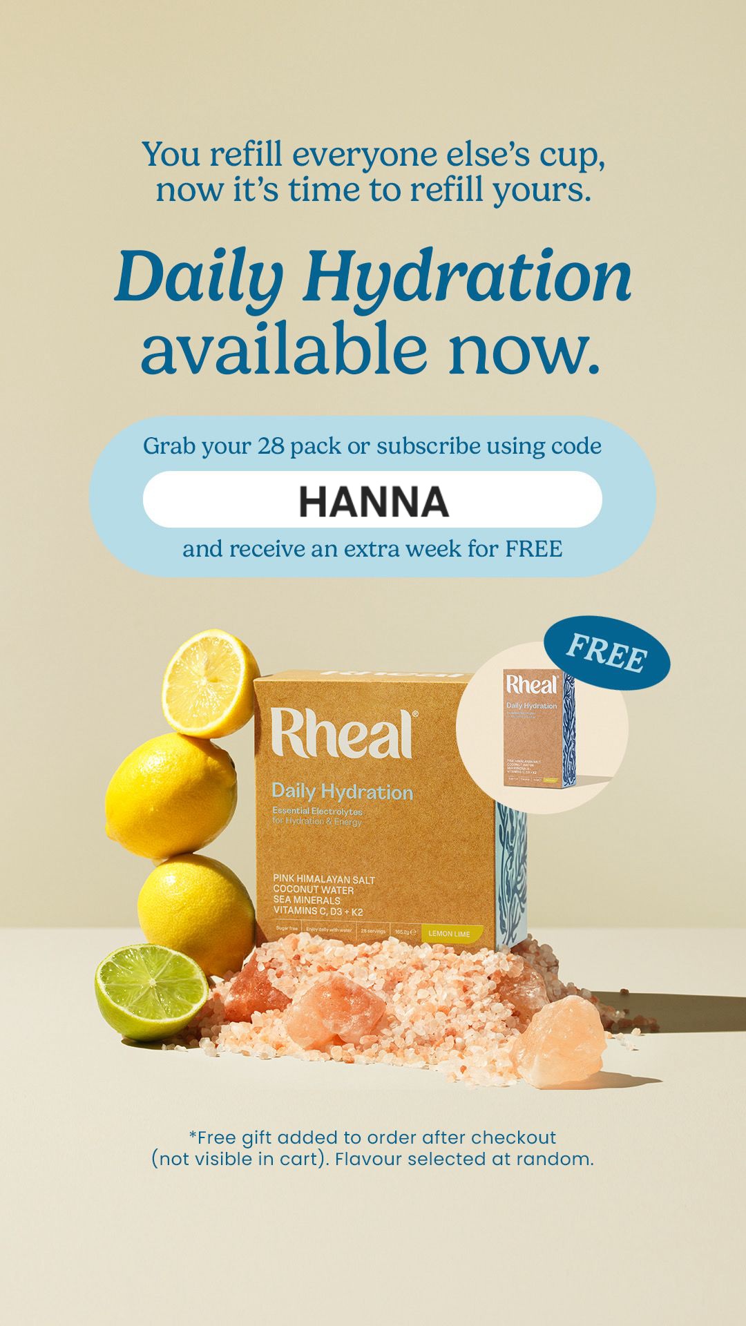 TikTok post by @reviewedbyhanna for Rheal Superfoods. Caption reads: The NEW Daily Hydration Sachets from Rheal....