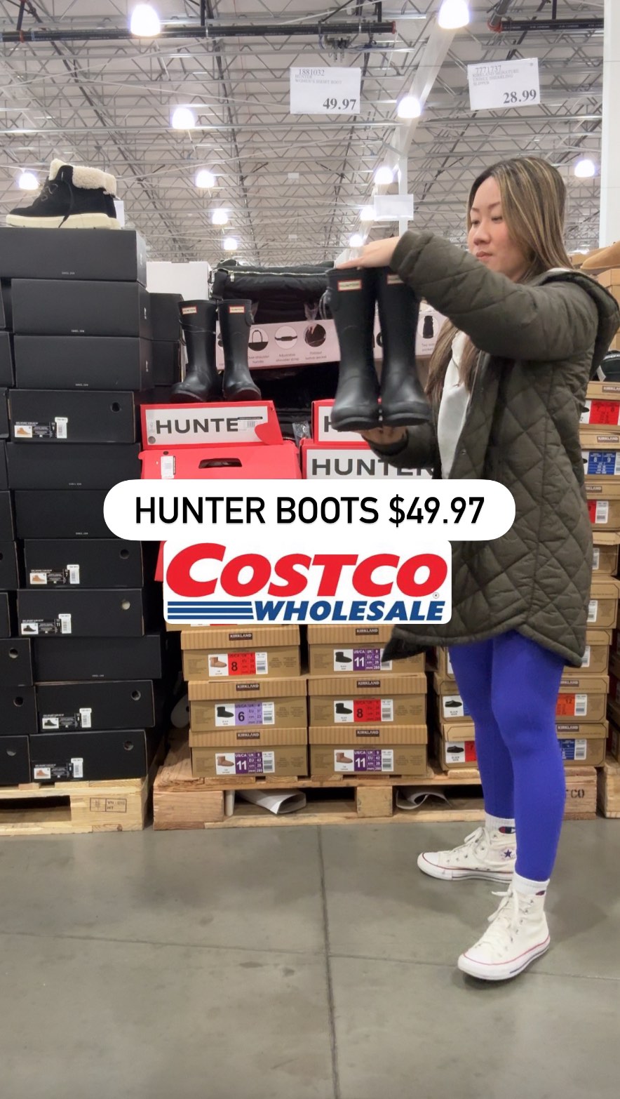 Instagram post by @costcoclaudia for Hunter Boots. Caption reads: ✨Costco has HUNTER short rain boots $49.97✨

Only....