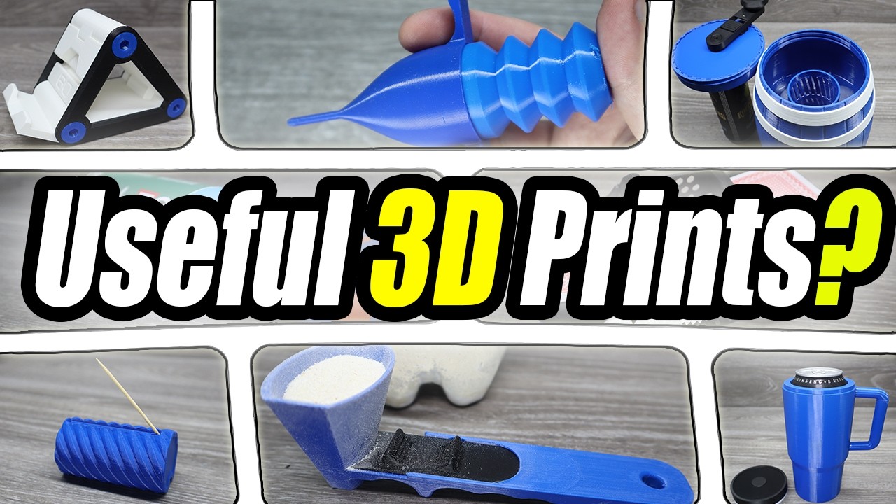 YouTube post by @3DPrintsBuilds for Thingiverse. Caption reads: I Tested 8 "Useful" 3D Prints From MakerWorld.