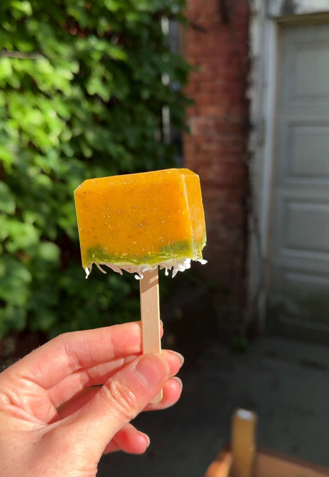 TikTok post by @justine_snacks for Garden of Life. Caption reads: Mango matcha chia popsicles with @Garden of Life....