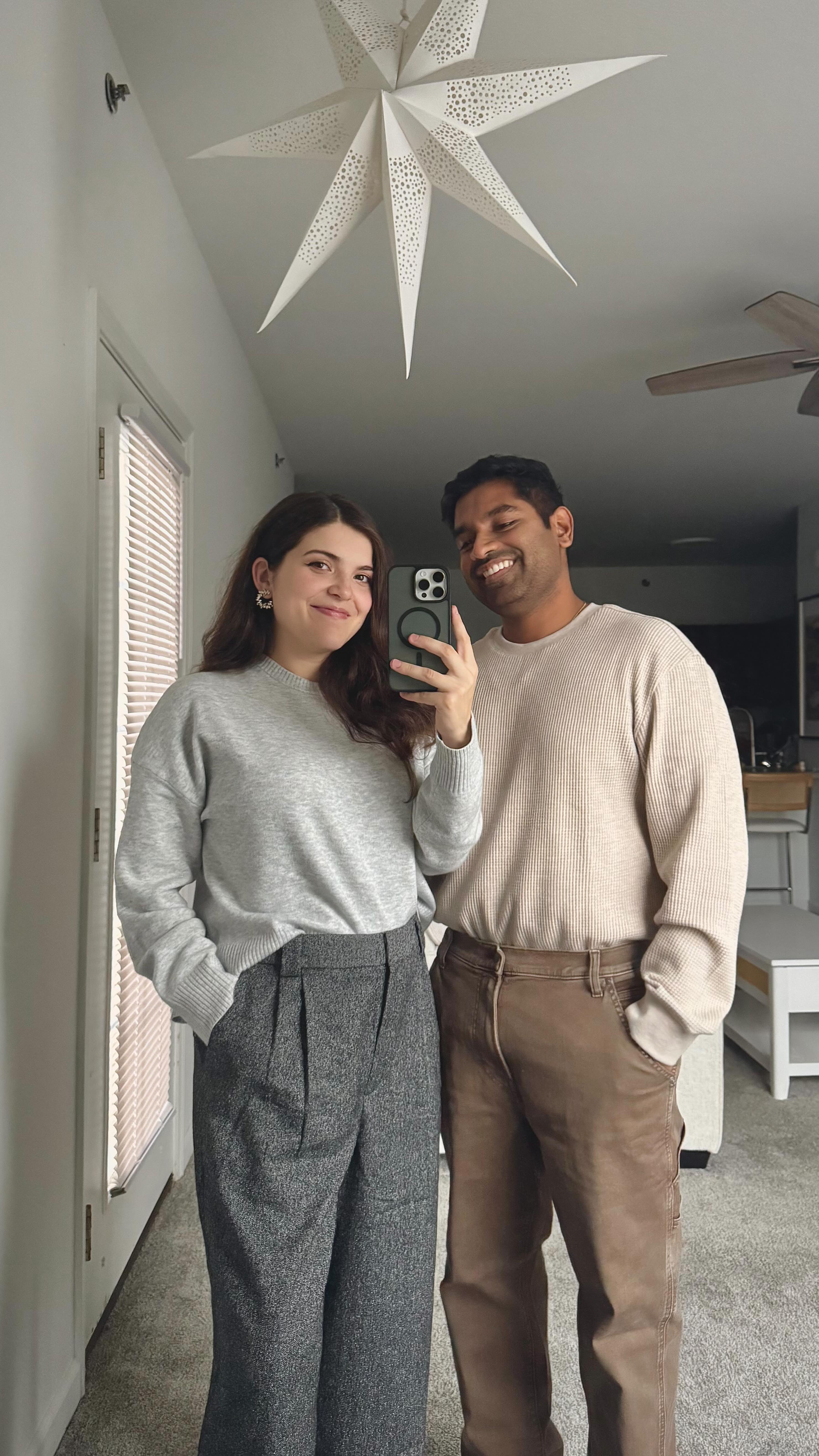 Instagram post by @colleengowda for Express. Caption reads: Here’s some holiday couple outfit inspo!✨ @express....